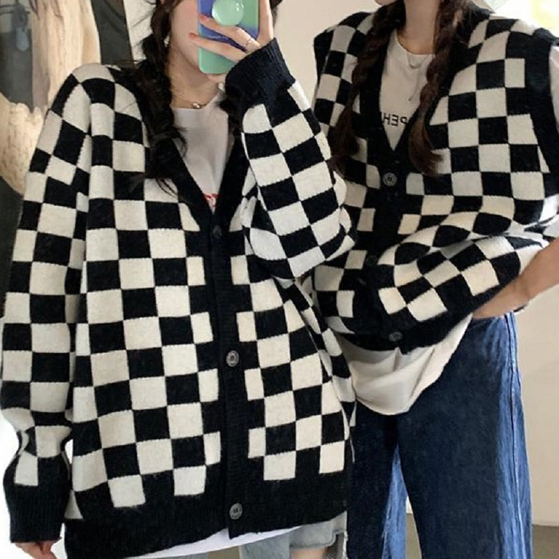 Checkerboard Knitted Long Sleeves Cardigan