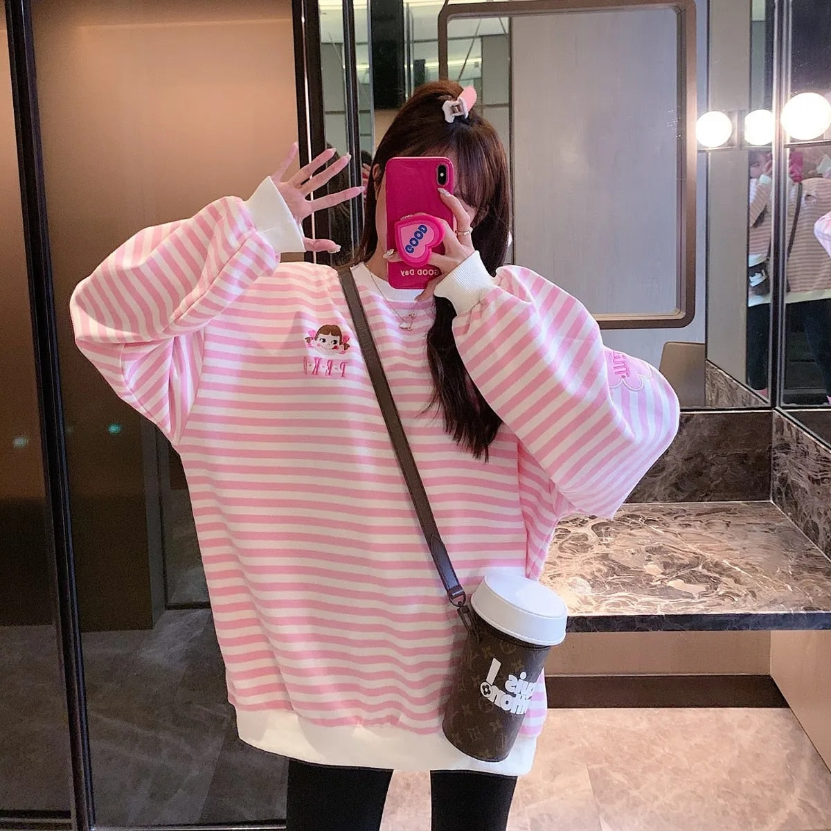 Kawaii Aesthetic White Pink Striped Sweatshirt