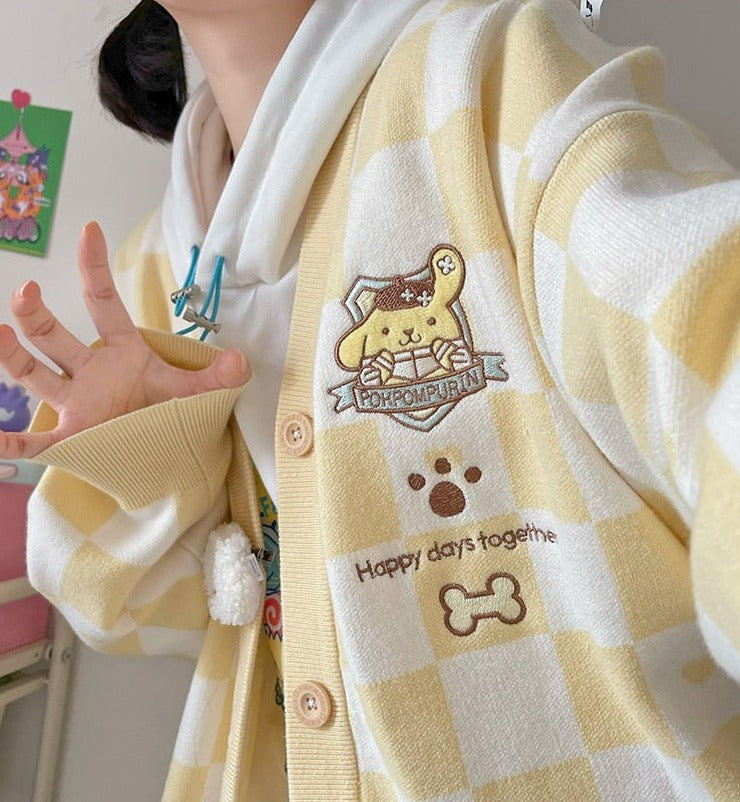 Pompompurin Yellow Checker Cardigan Sweater