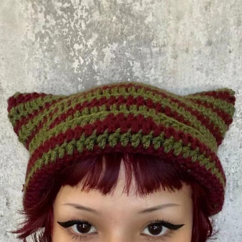 90s Grunge Cat Ears Striped Knitted Beanie – Aesthetics Boutique