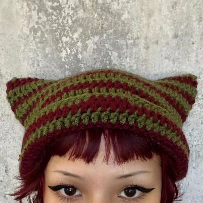 90s Grunge Cat Ears Striped Knitted Beanie