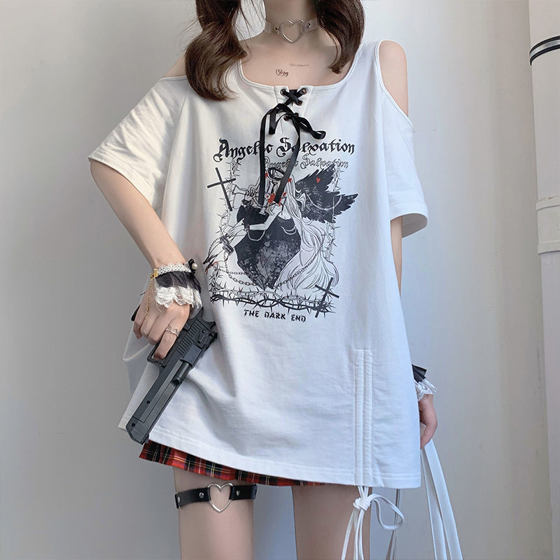 Egirl Dark Grunge Anime Off Shoulder White T-Shirt