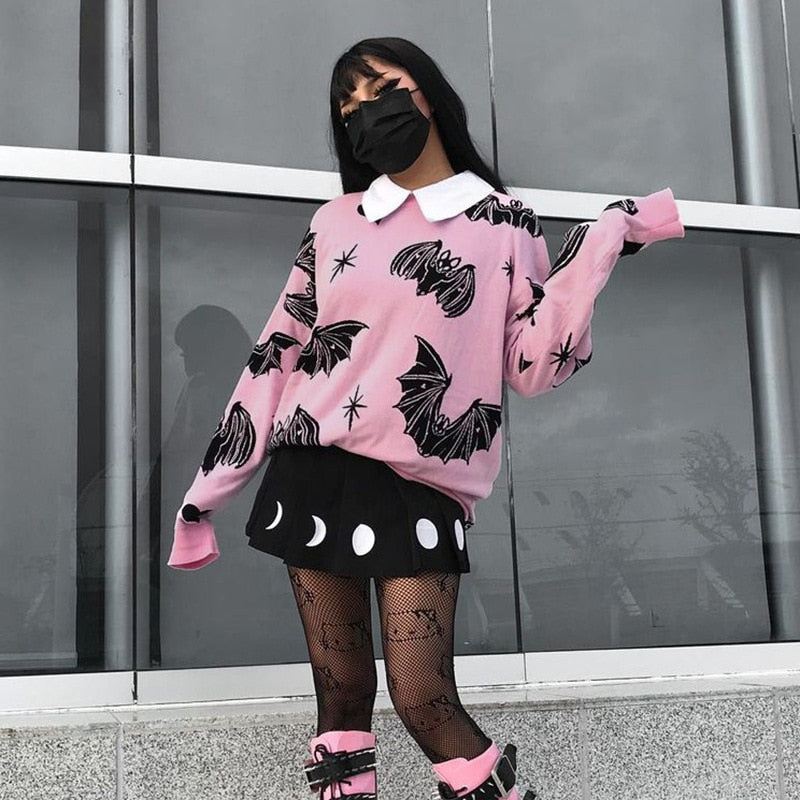 Gothic Bat Knitted Sweater Pastel Goth