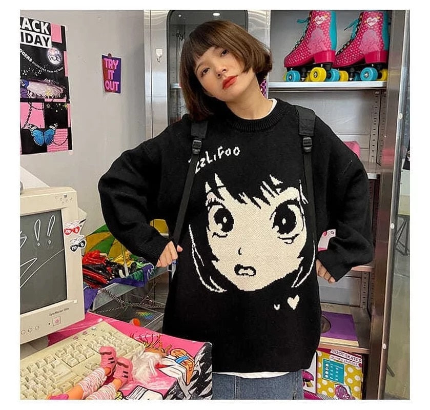 Oversize Anime Girl Black Sweater