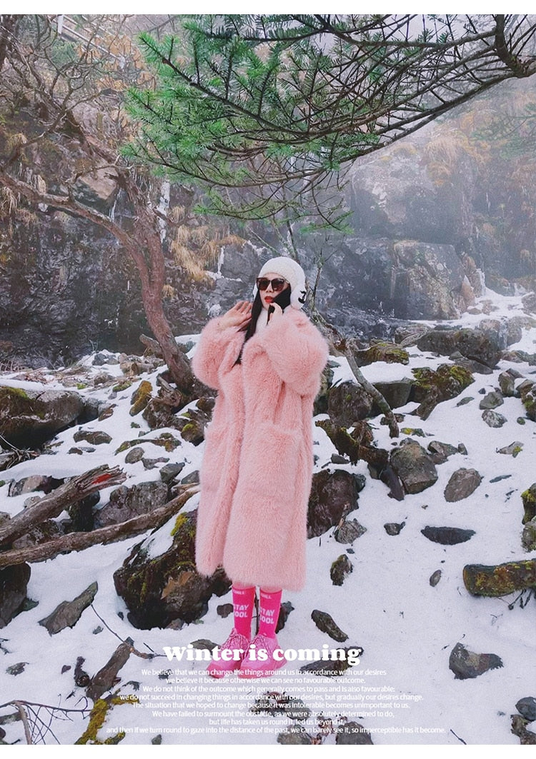 Y2K Long Oversized Pink Fluffy Faux Fur Coat