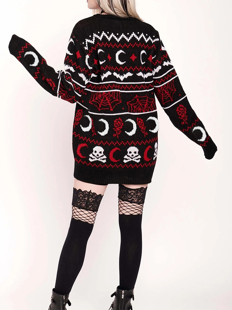 Winter Knitted Sweater Gothic Moon Skull