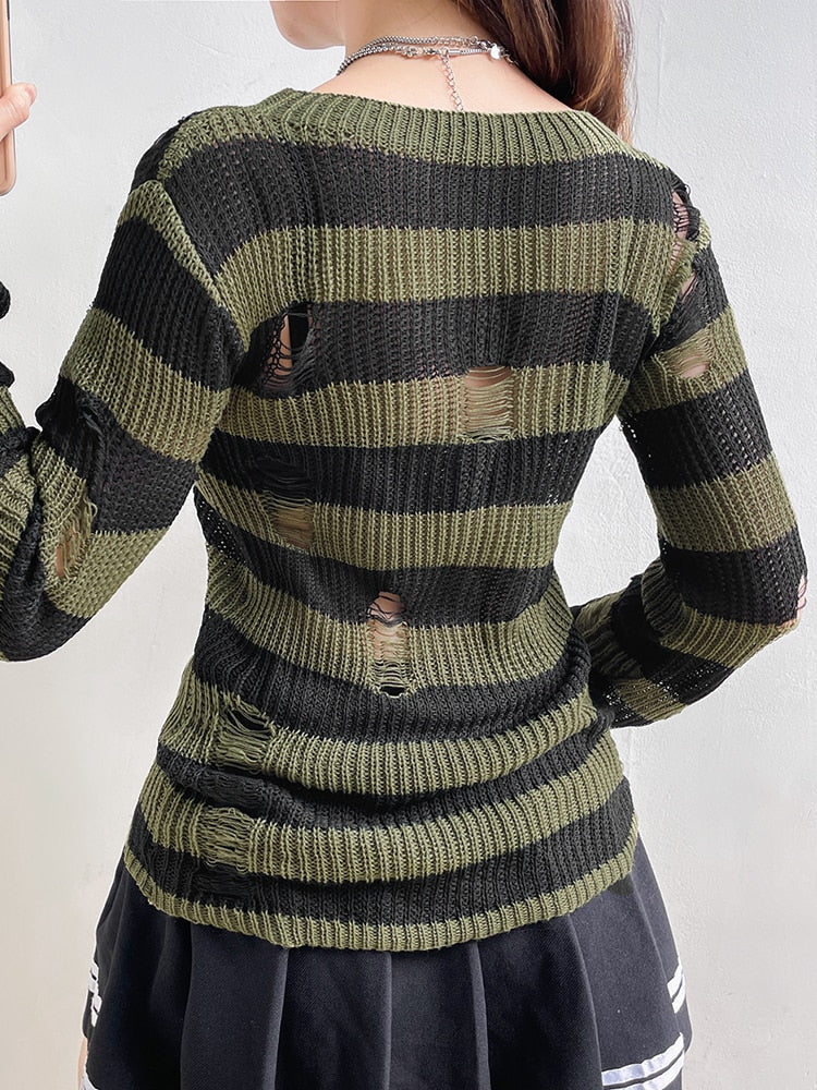 Grunge Distressed Green Striped Sweater
