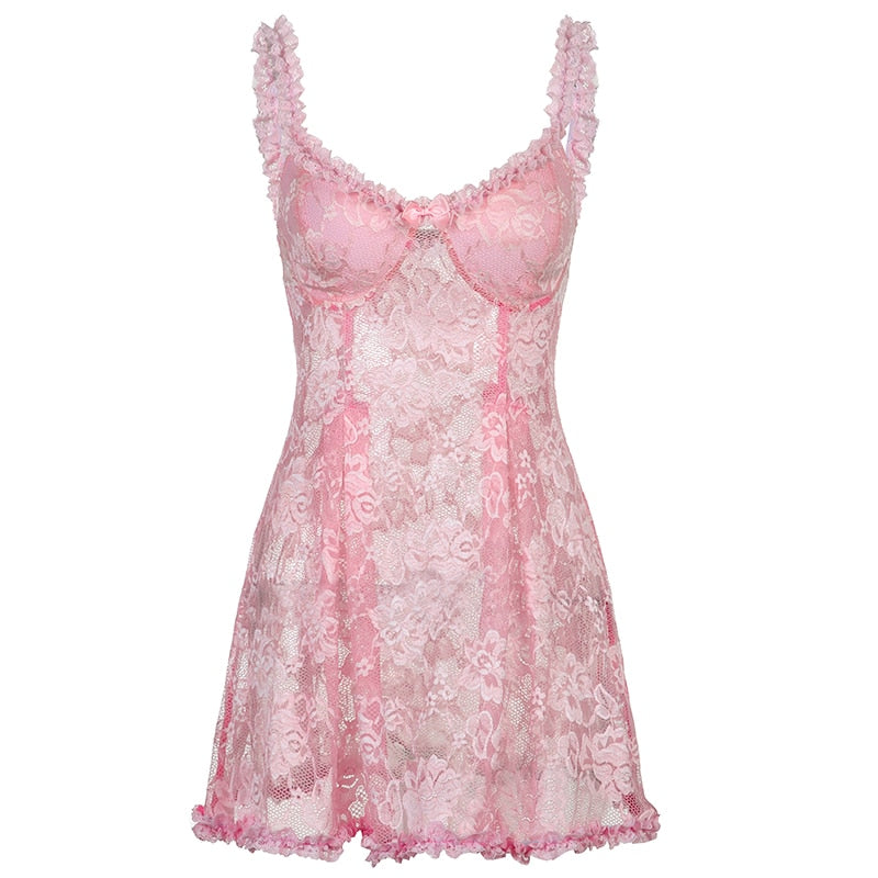 Coquette Fairy Dress Pink Transparent Lace
