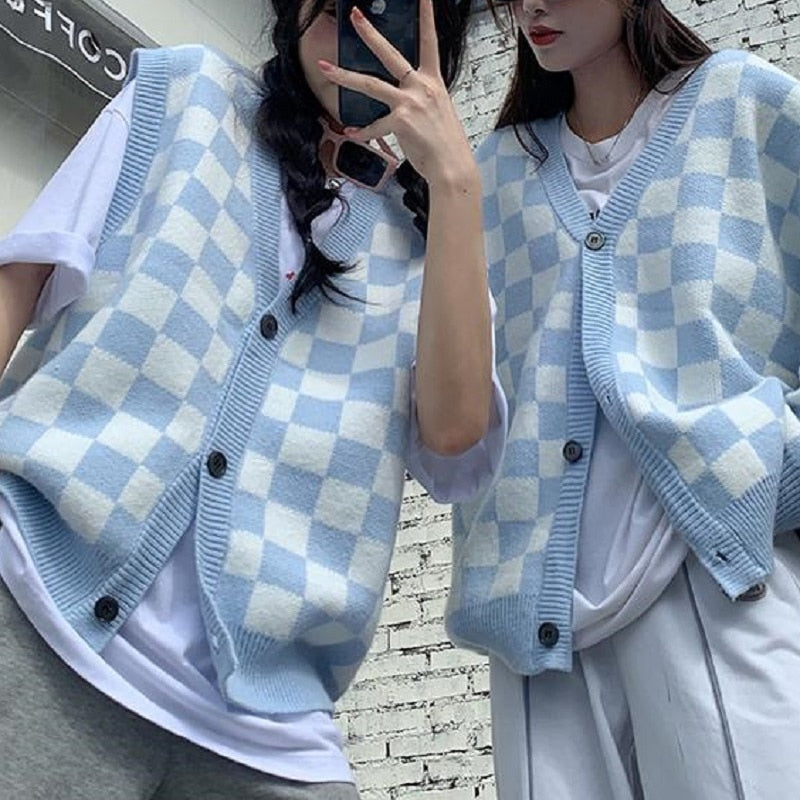 Blue Checkerboard Knitted Sweater