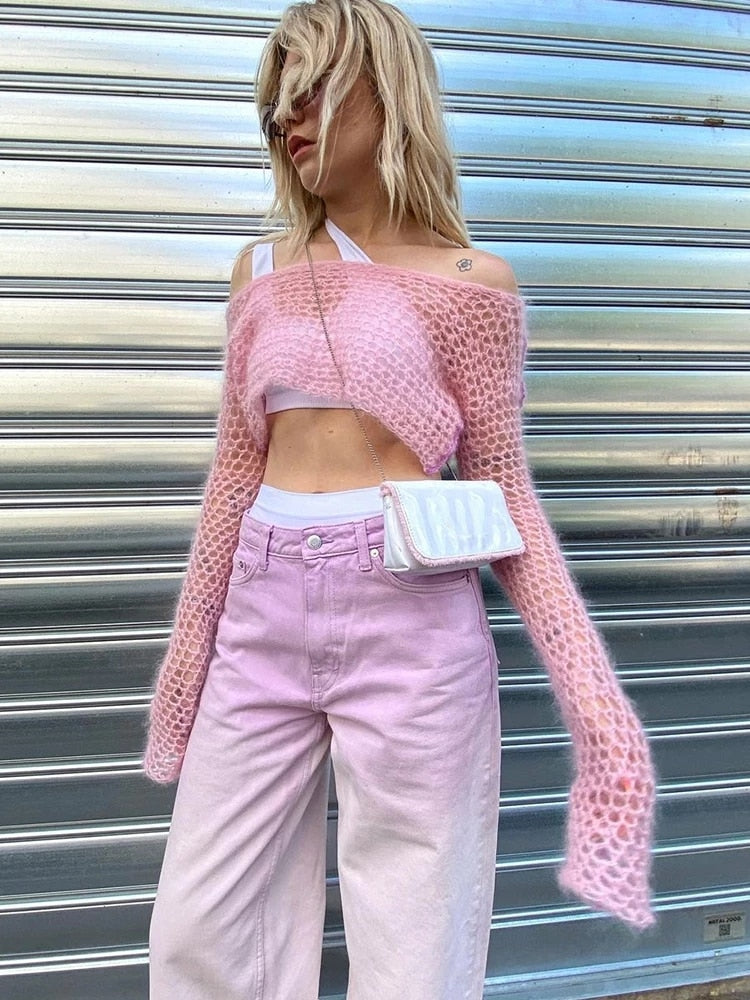 Y2K Sweet Pink Knit Top Crochet