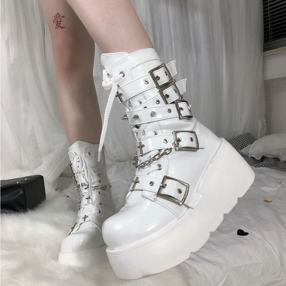 Pastel Goth Motorcycle Boots White