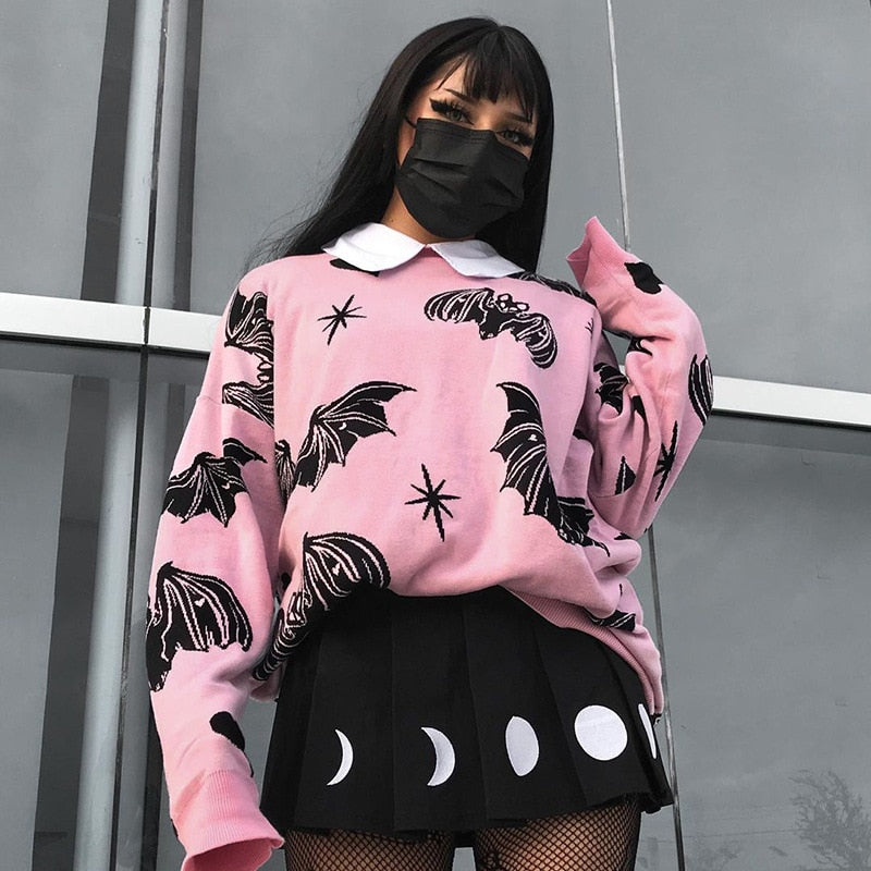 Gothic Bat Knitted Sweater Pastel Goth