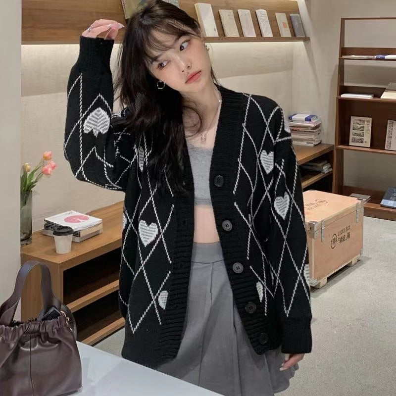 Knitted Cardigan Argyle Heart Sweater