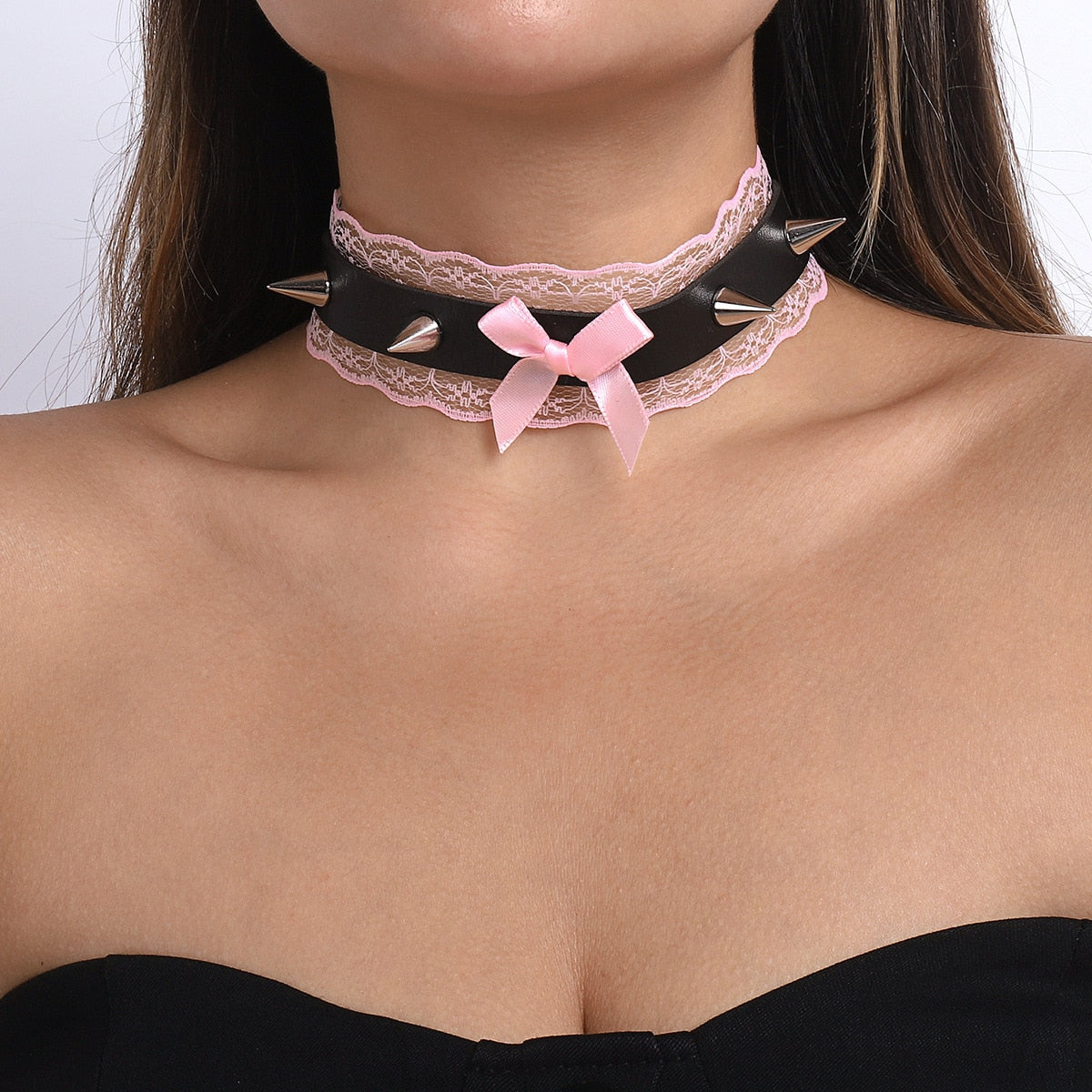 Gothic Lolita Black Pink Lace Choker