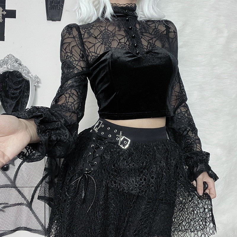 Gothic Elegant Lace Velvet Blouse