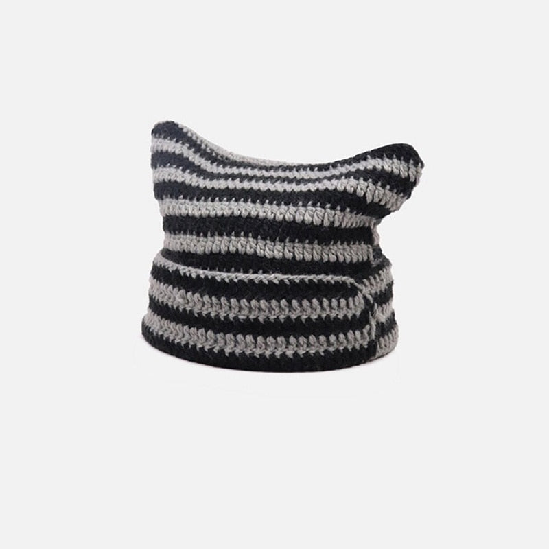 90s Grunge Cat Ears Striped Knitted Beanie