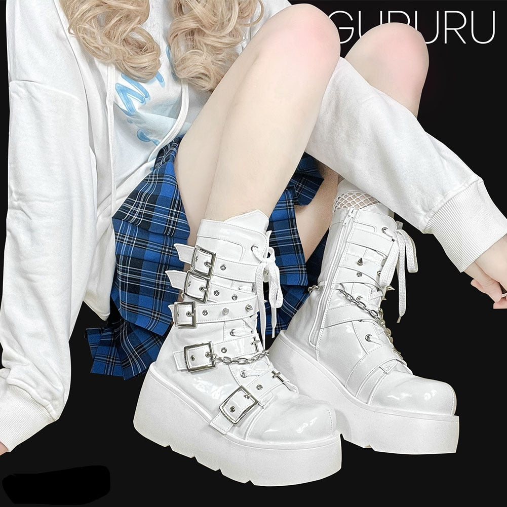 Pastel Goth Motorcycle Boots White