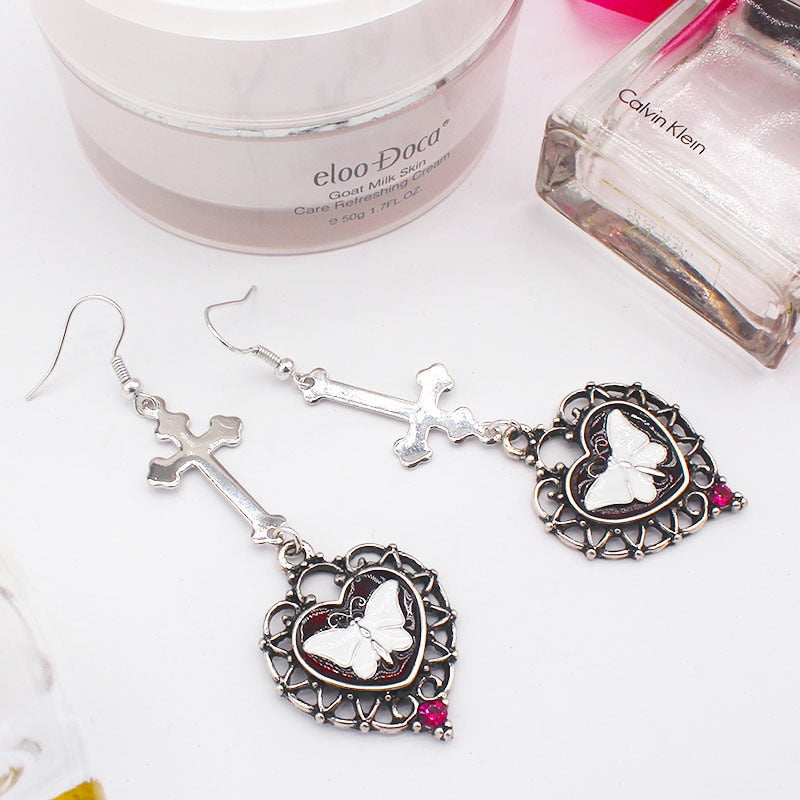 Cross Heart White Butterfly Earrings