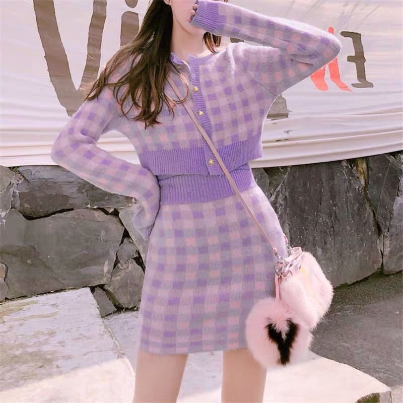 Soft Girl Knitted Cardigan Skirt 3-piece Set Pink