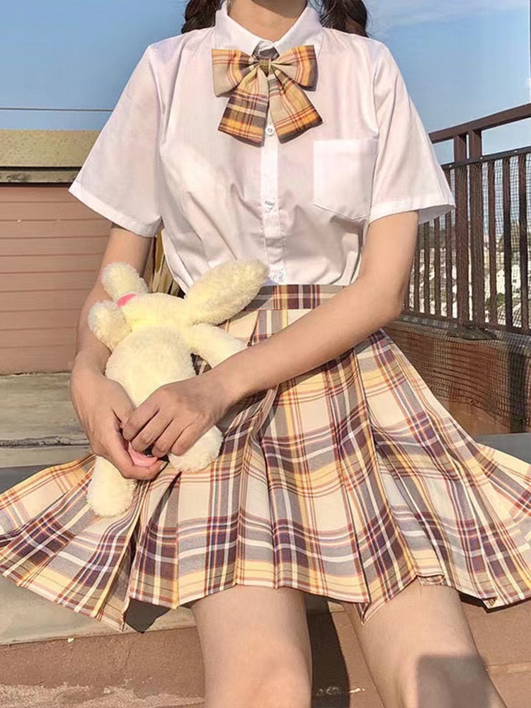 Preppy Pleated Plaid Skirt with Bow Yellow
