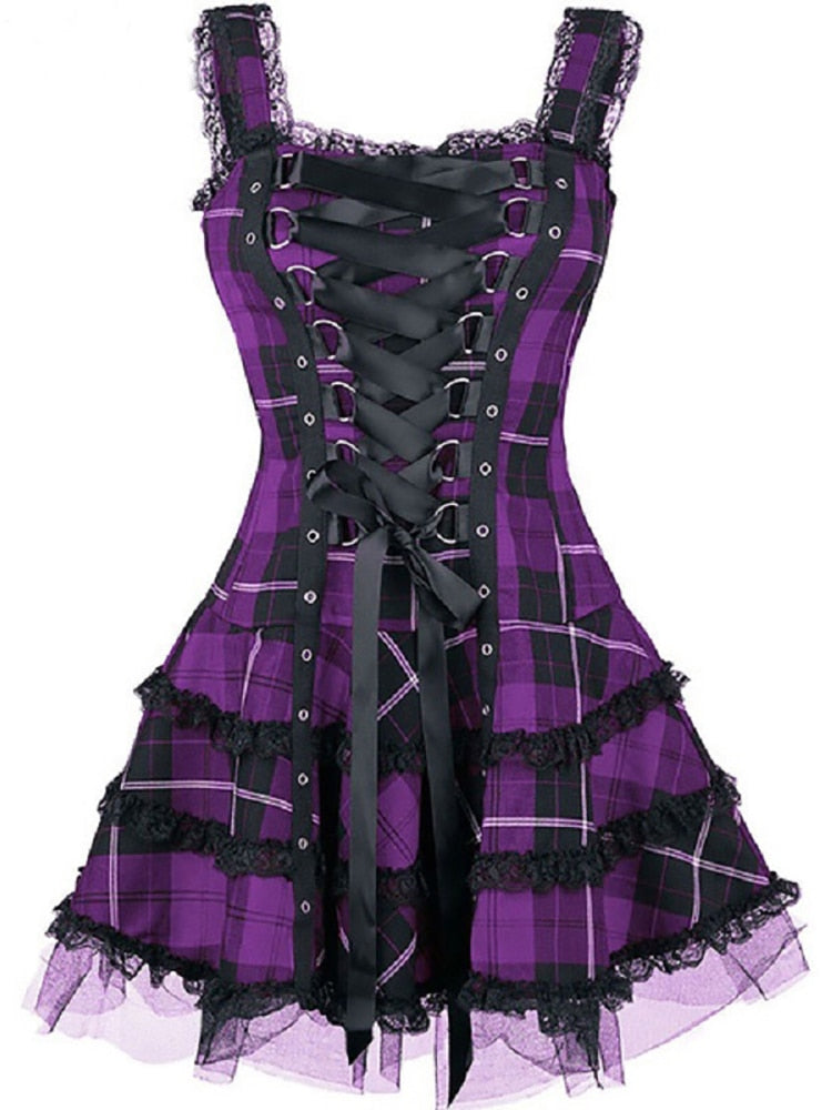 black and purple plaid dress Leana-Tiffany: a showstopper in soft cotton mix flannel tartan. This charming dress pairs lilac, black, and light turquoise in a classic plaid pattern. It features a detachable black bow and matching