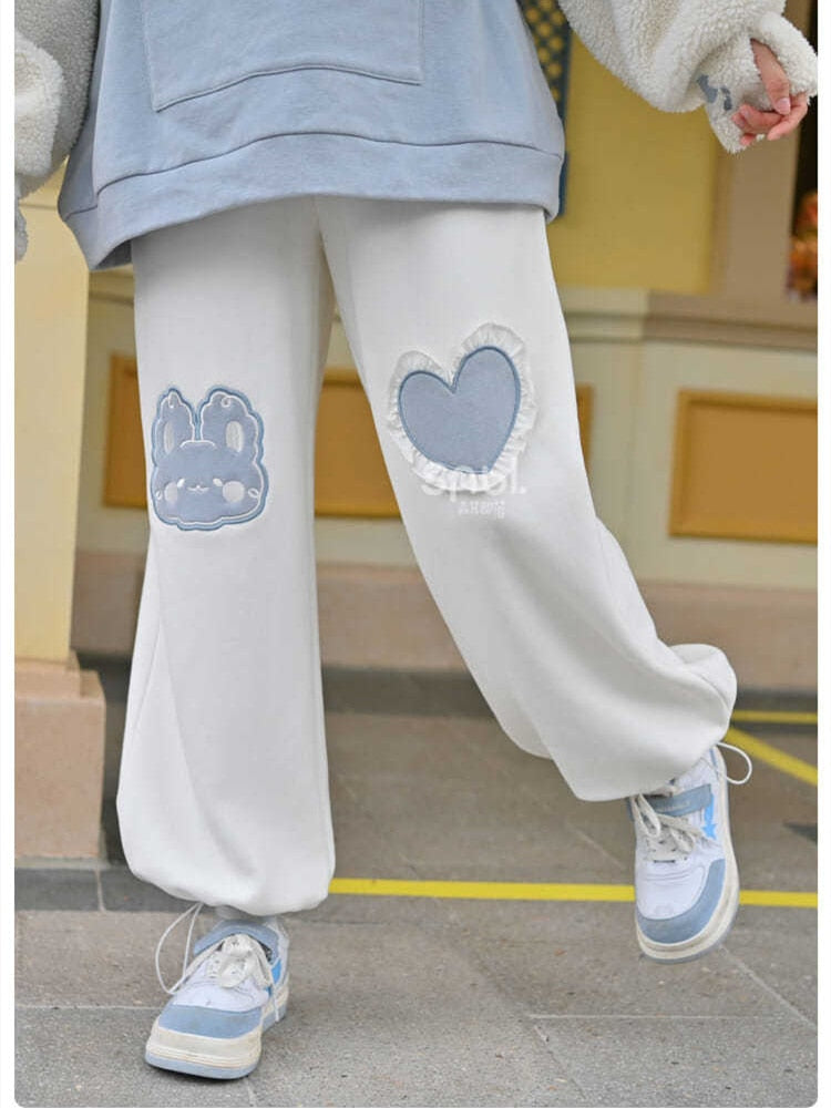 Kawaii Blue Joggers Sweatpants Bunny Heart