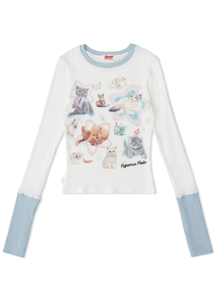 Kawaii Cat Print Long Sleeve Tee