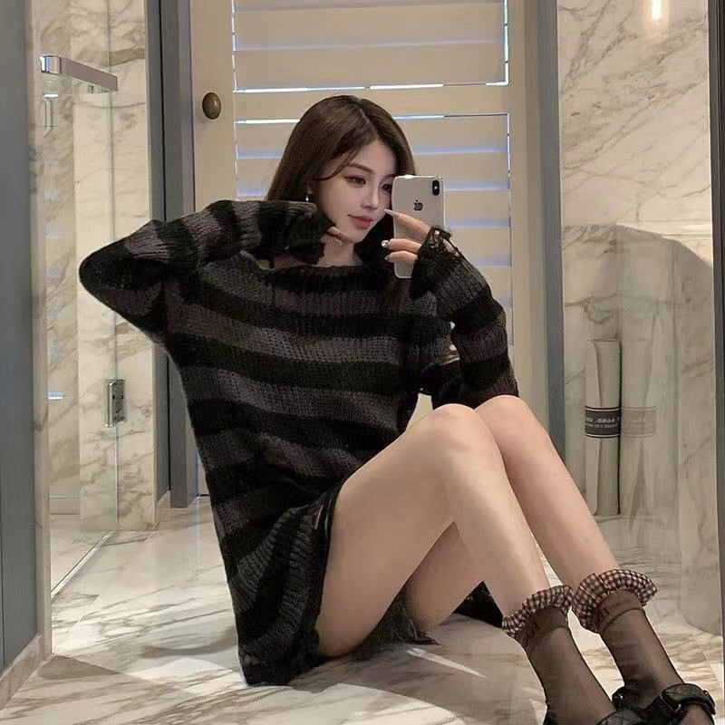 Punk Dark Grunge Egirl Long Striped Sweater Green Gradient