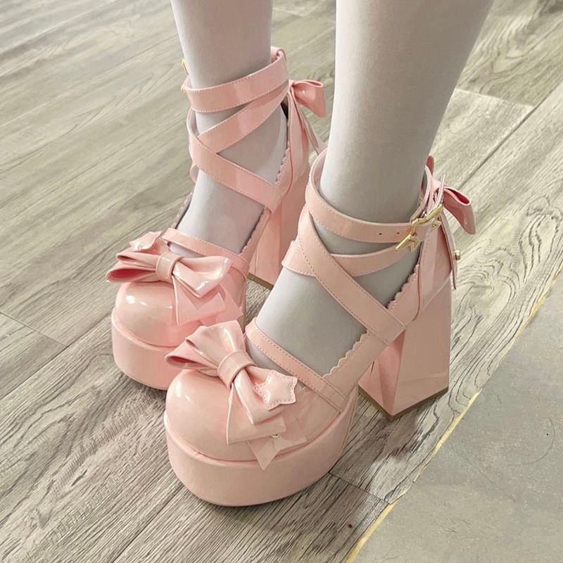 Sweet Bow Pink Mary Janes High Heels