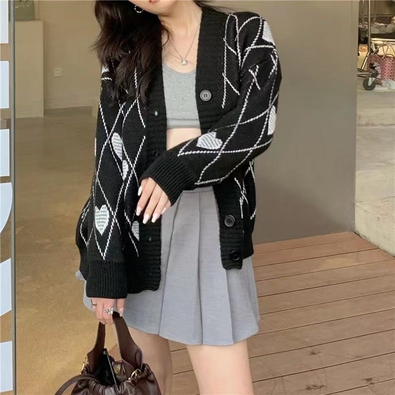 Knitted Cardigan Argyle Heart Sweater