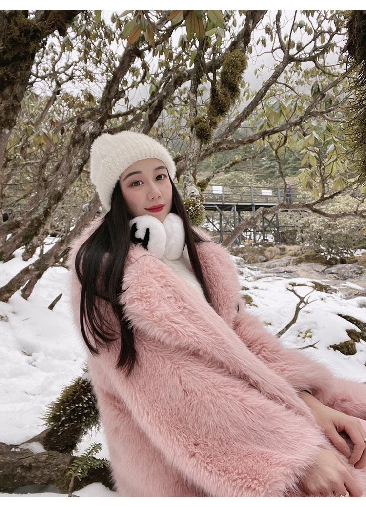 Y2K Long Oversized Pink Fluffy Faux Fur Coat