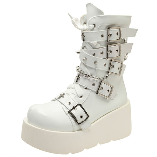 Pastel Goth Motorcycle Boots White