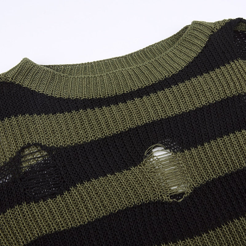 Grunge Distressed Green Striped Sweater