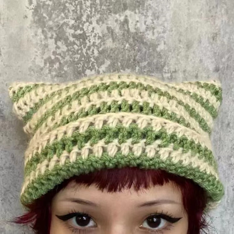 90s Grunge Cat Ears Striped Knitted Beanie