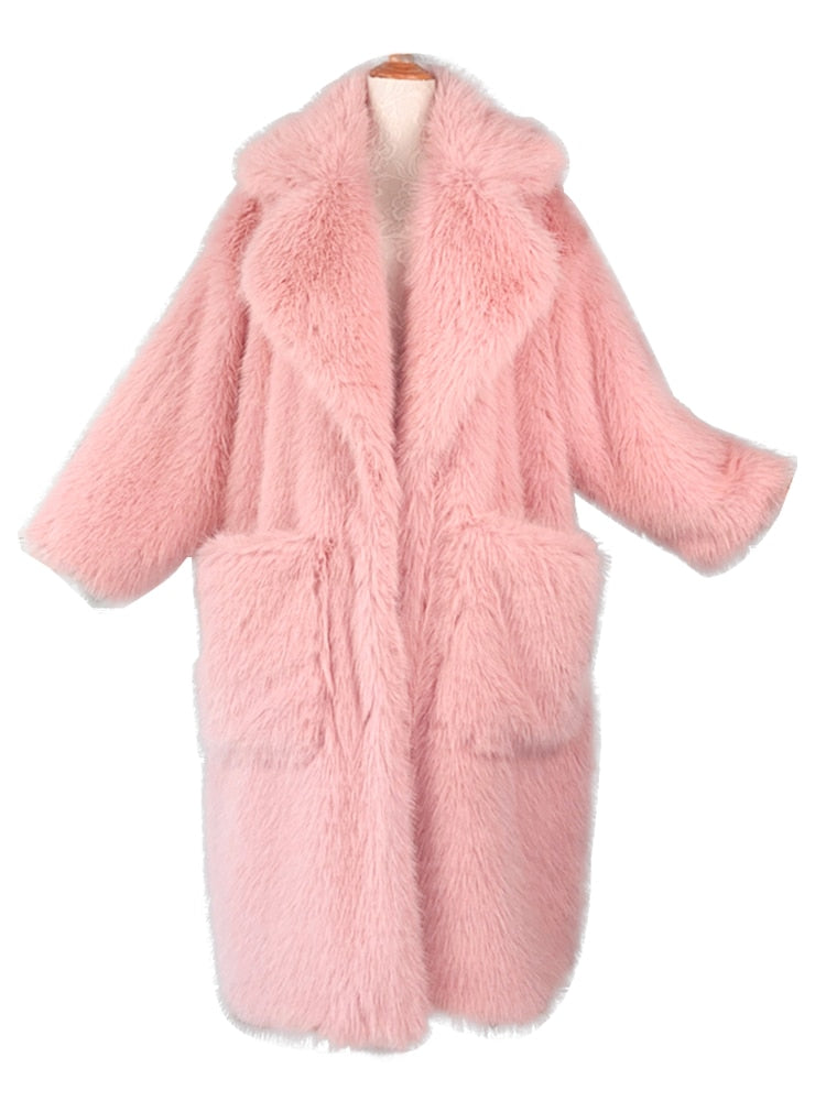 Y2K Long Oversized Pink Fluffy Faux Fur Coat