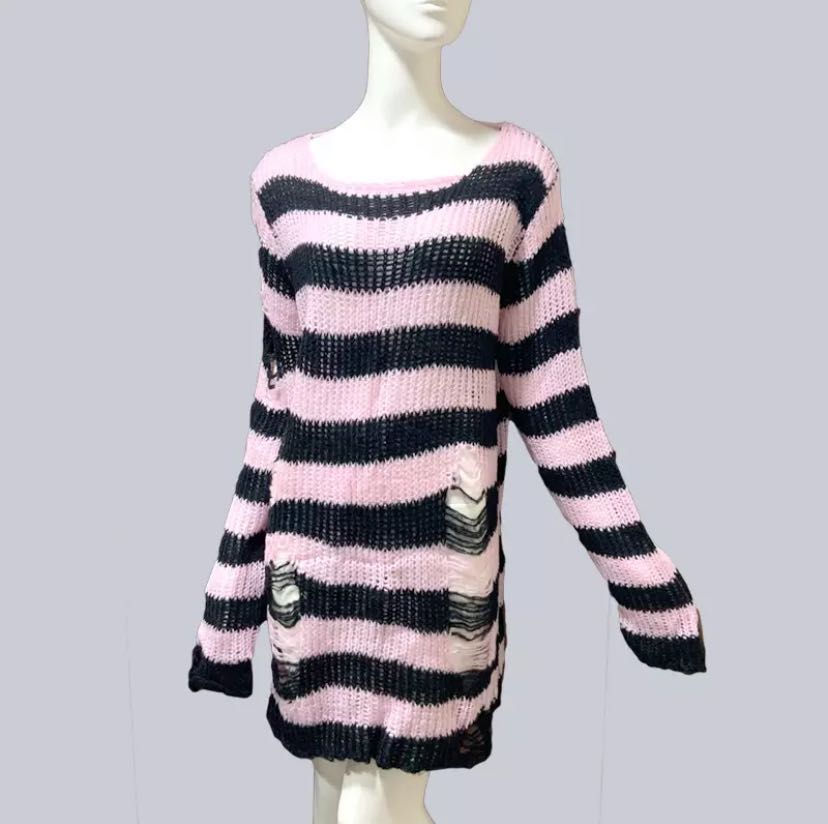 Punk Dark Grunge Egirl Long Striped Sweater Green Gradient