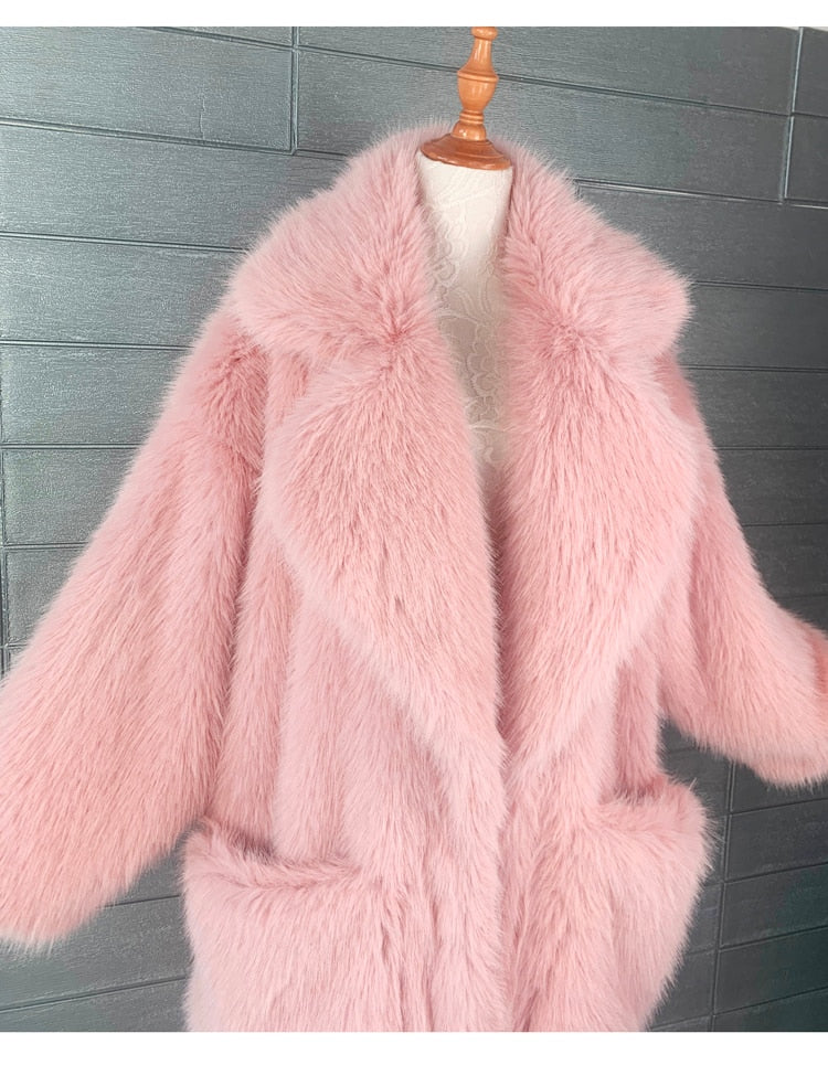 Y2K Long Oversized Pink Fluffy Faux Fur Coat