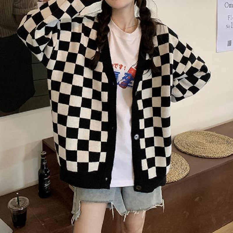 Checkerboard Knitted Long Sleeves Cardigan
