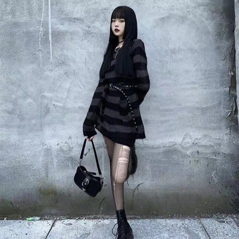 Punk Dark Grunge Egirl Long Striped Sweater Green Gradient