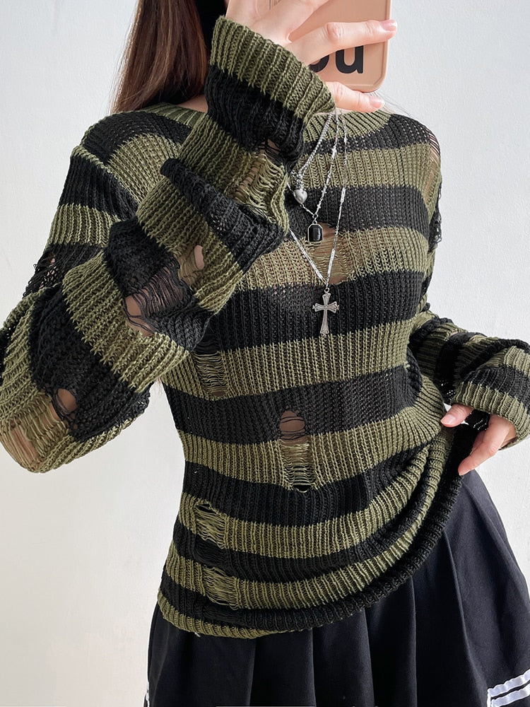Grunge Distressed Green Striped Sweater