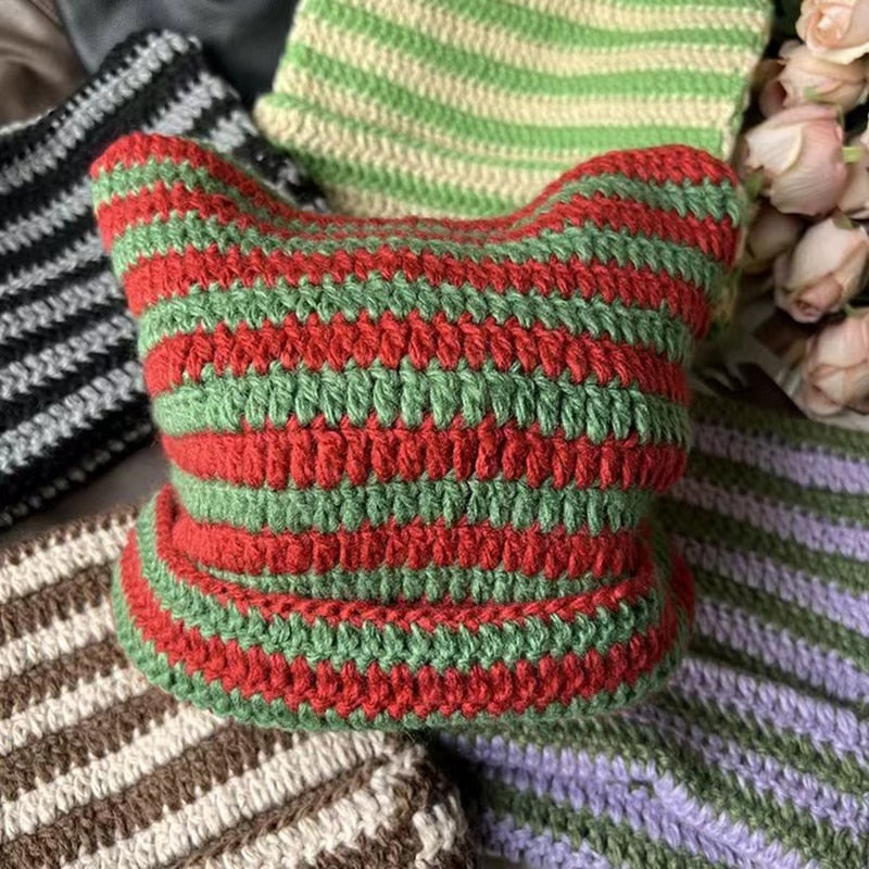 90s Grunge Cat Ears Striped Knitted Beanie