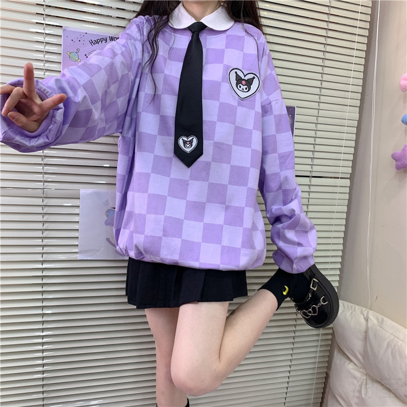 Sanriocore Kawaii Kuromi Purple Checker Sweatshirt