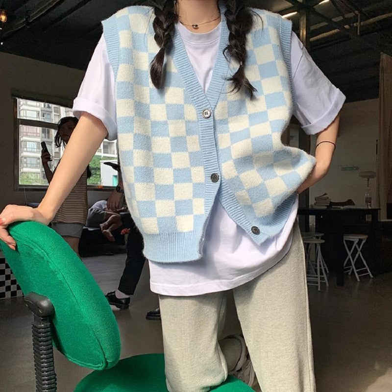 Blue Checkerboard Knitted Sweater