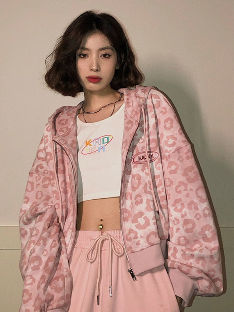 Y2K Pink Leopard Hoodie Jacket