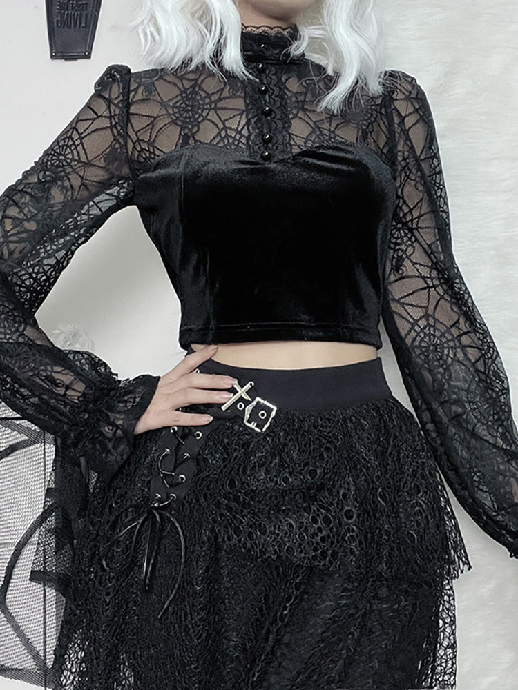 Gothic Elegant Lace Velvet Blouse