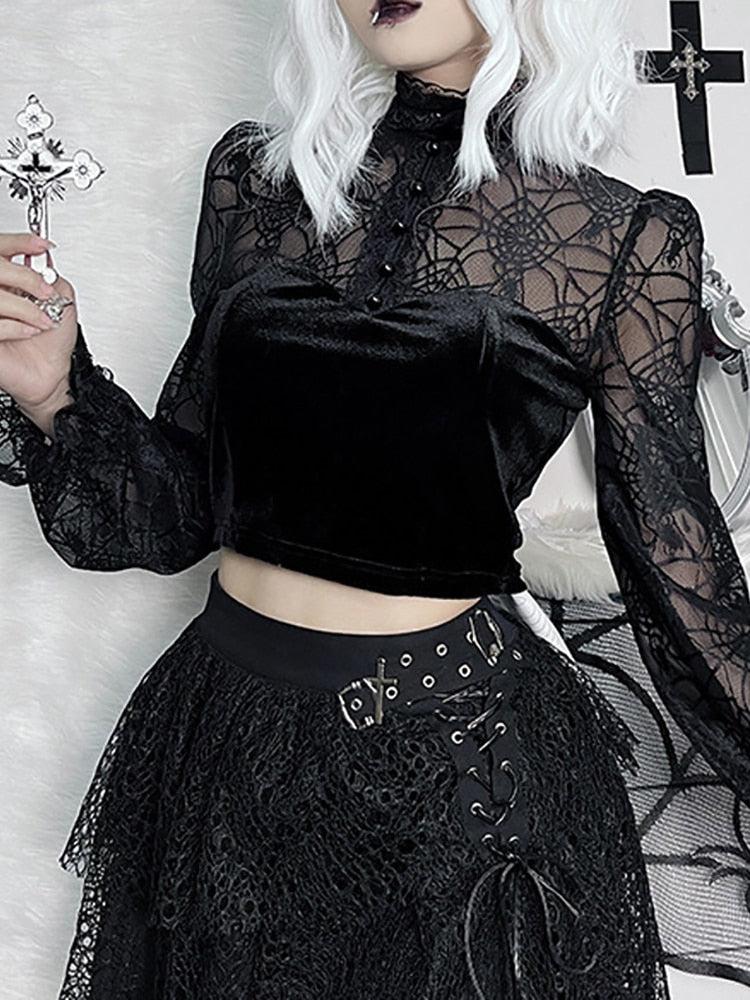 Gothic Elegant Lace Velvet Blouse