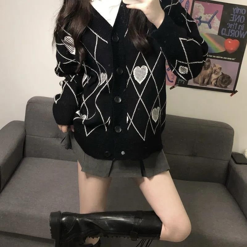 Knitted Cardigan Argyle Heart Sweater