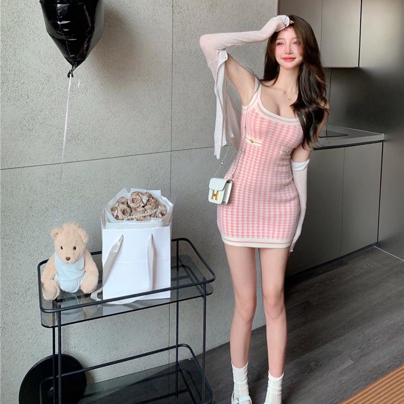 Soft Girl Pink Houndstooth Mini Knitted Dress