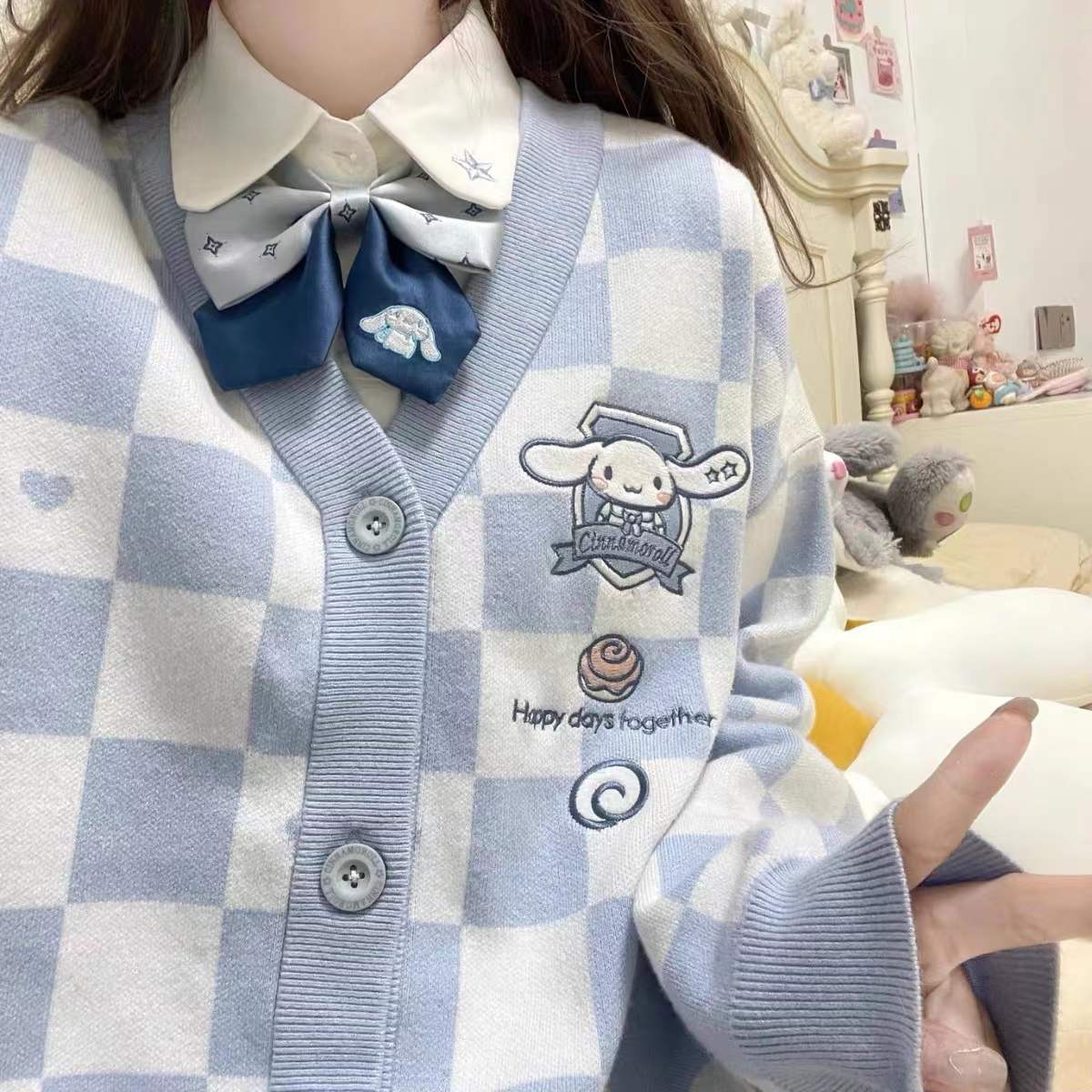 Cinnamoroll Blue Checker Cardigan Sweater