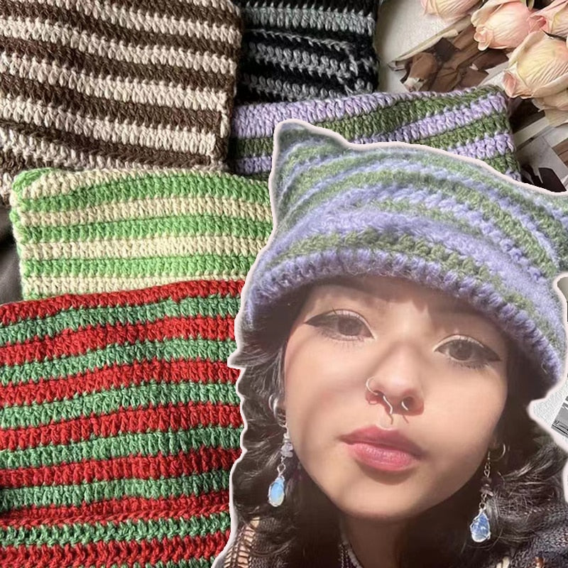 90s Grunge Cat Ears Striped Knitted Beanie
